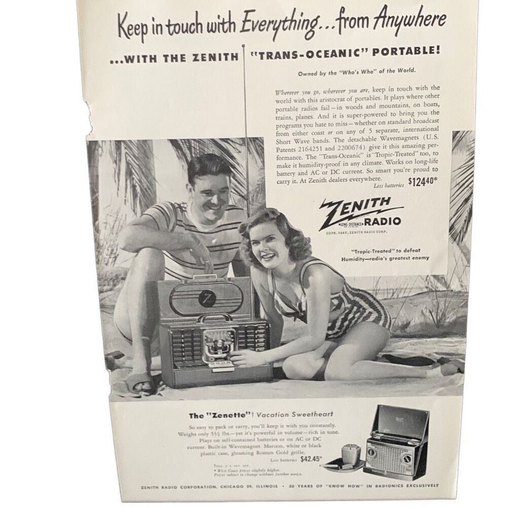 Vintage 1948 Zenith Radio The Zenette Vacation Sweetheart Ad Advertisement